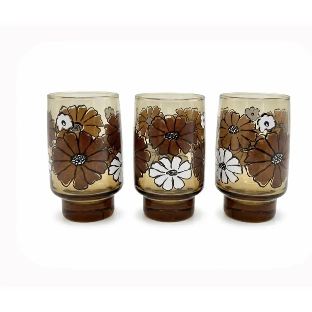 Camellia By Tawney Glasses Tumbler Libbey Brown Floral Retro, MCM (3), EUC